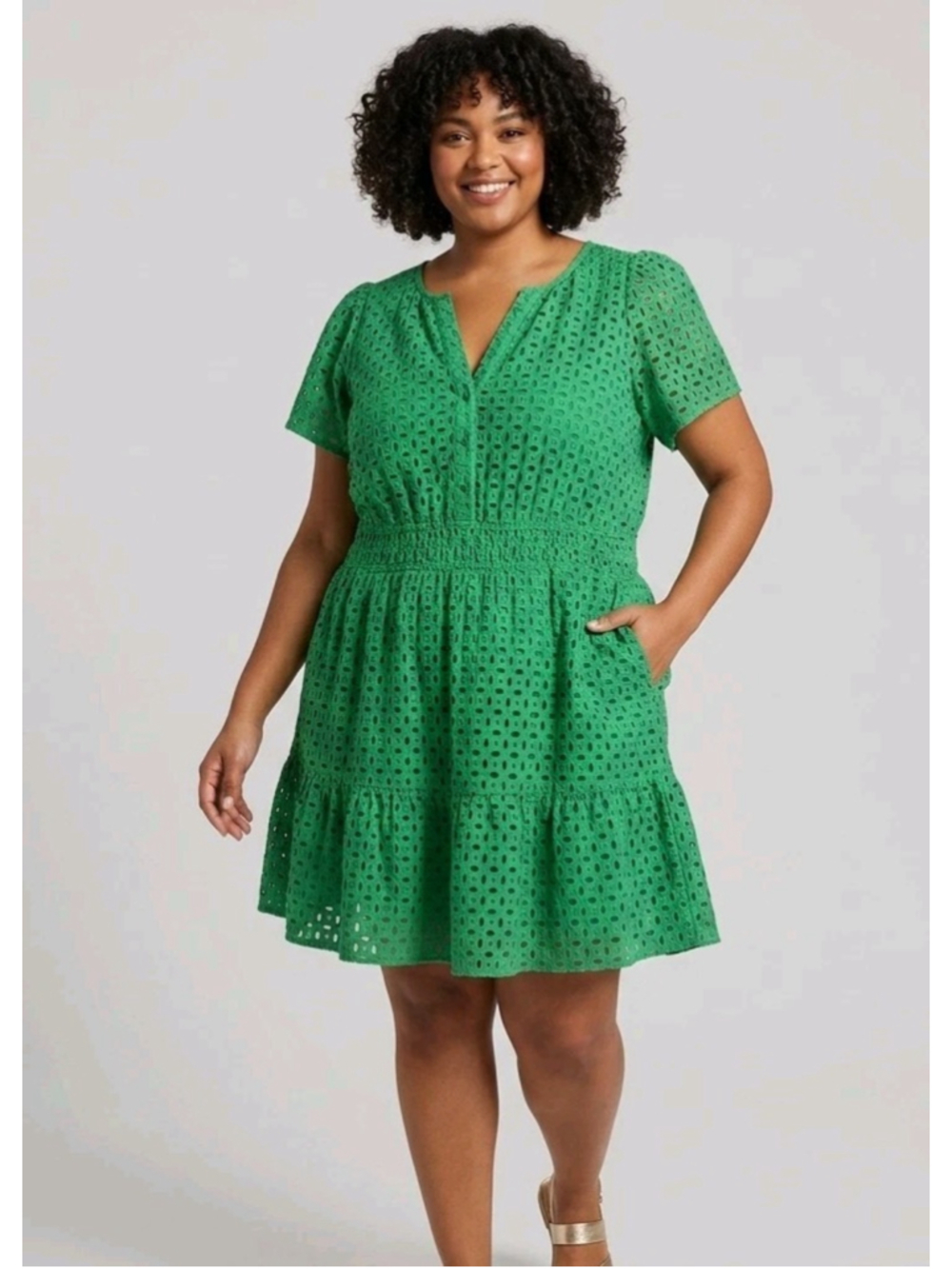 By Anthropologie 3x The Somerset Eyelet Mini Dress Green Smocked Tiered Plus